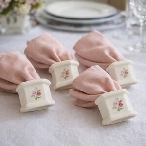 Vintage Set of 8 Cream Porcelain Pink Rose Cottage-core Napkin Rings